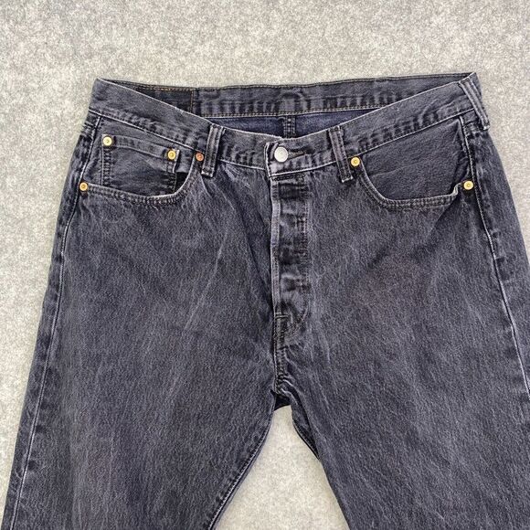 Levis 501 Jeans Mens 38x34 (34x32 Black Button Fly Denim Straight Leg Faded Work - Picture 2 of 13